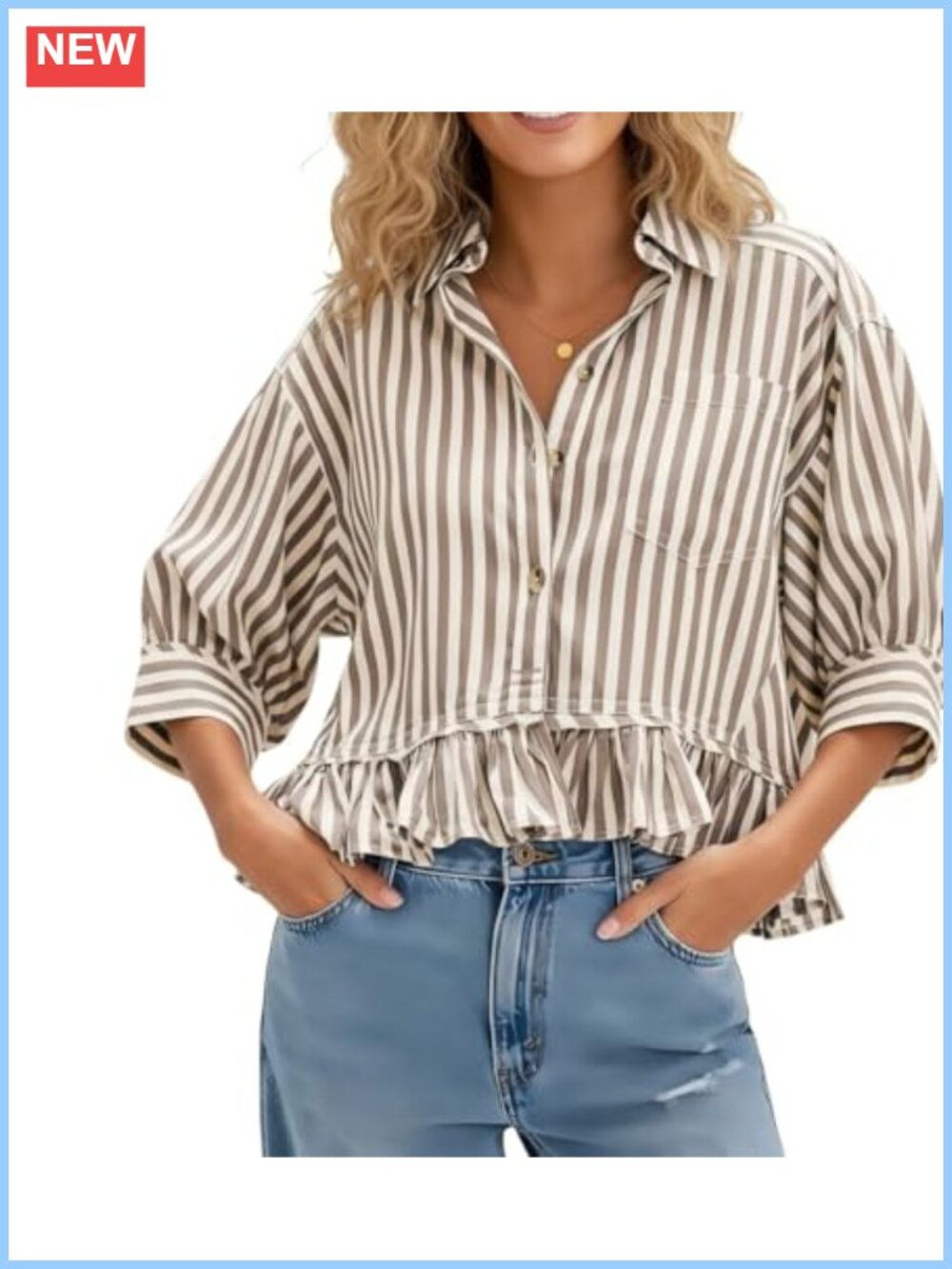 Womens Ruffle Hem Striped Button Down Blouse 3/4 Sleeve Dressy Casual Shirt